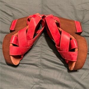 Red Strappy Wooden Wedge Sandals